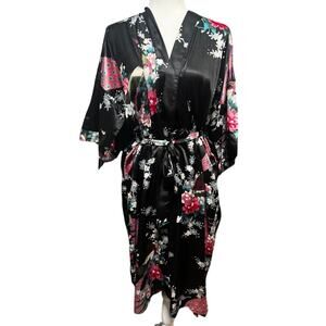 Oriental Village Silk Collection Kimono Robe Black w/ Bird Botanical Print
